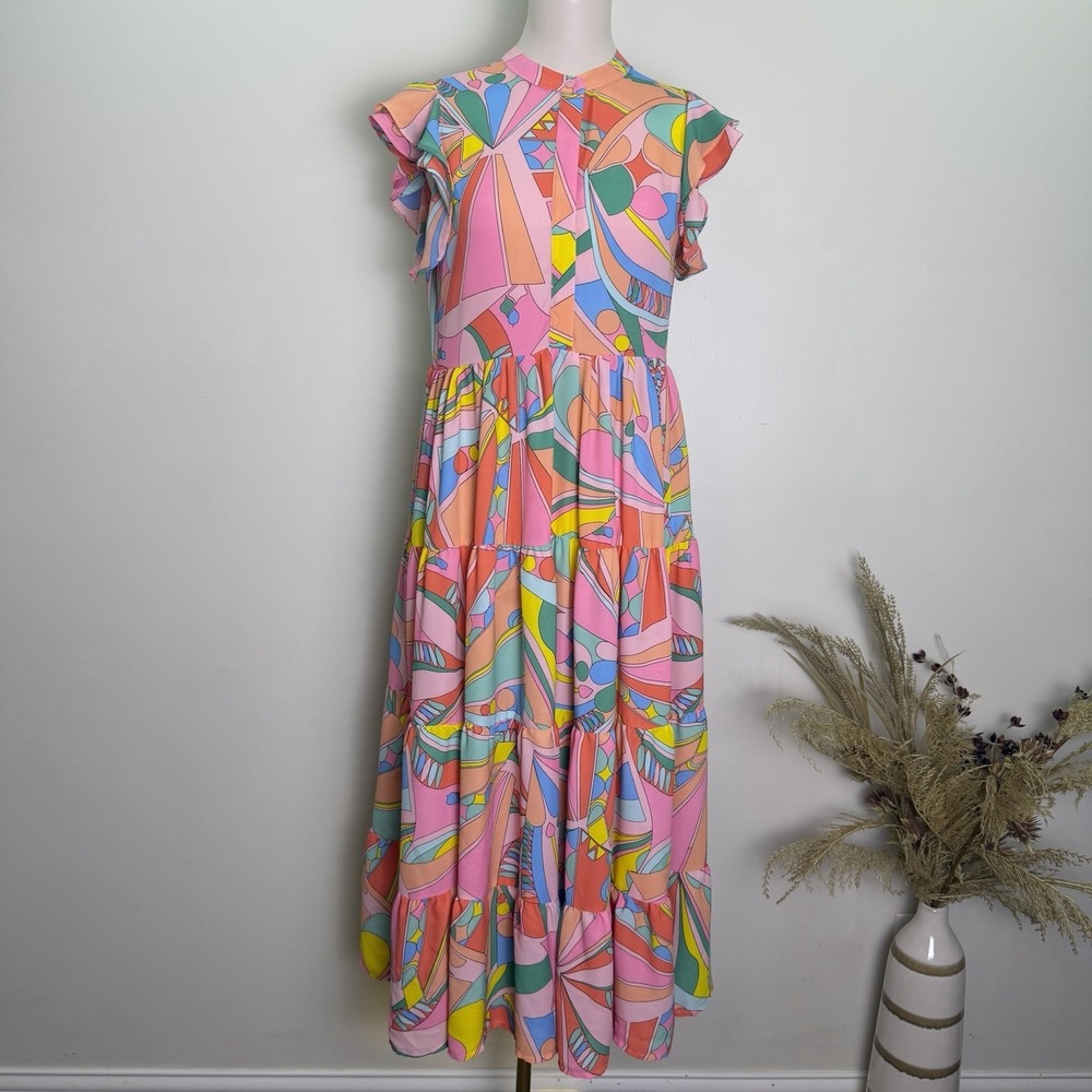 Karlie Retro Abstract Geometric Print Tiered Maxi Dress Mod Pink Orange Size M